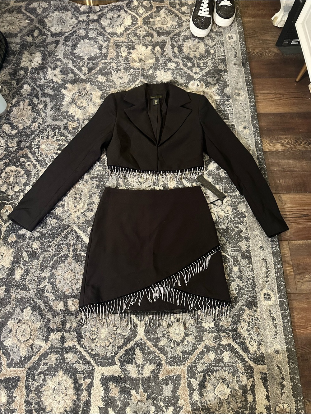 House of Harlow 1960 Black Two-Piece Fringe Trim Skirt Set